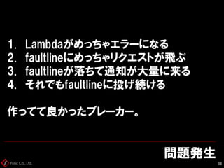 Fusic Co., Ltd.
問題発生
38
1. Lambdaがめっちゃエラーになる
2. faultlineにめっちゃリクエストが飛ぶ
3. faultlineが落ちて通知が大量に来る
4. それでもfaultlineに投げ続ける
作ってて良かったブレーカー。
 