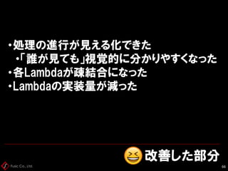 Fusic Co., Ltd.
改善した部分
66
・処理の進行が見える化できた
・「誰が見ても」視覚的に分かりやすくなった
・各Lambdaが疎結合になった
・Lambdaの実装量が減った
 