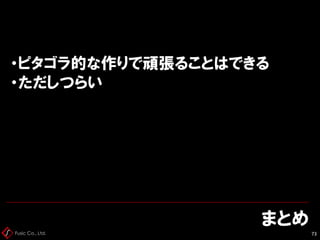 Fusic Co., Ltd.
まとめ
73
・ピタゴラ的な作りで頑張ることはできる
・ただしつらい
 