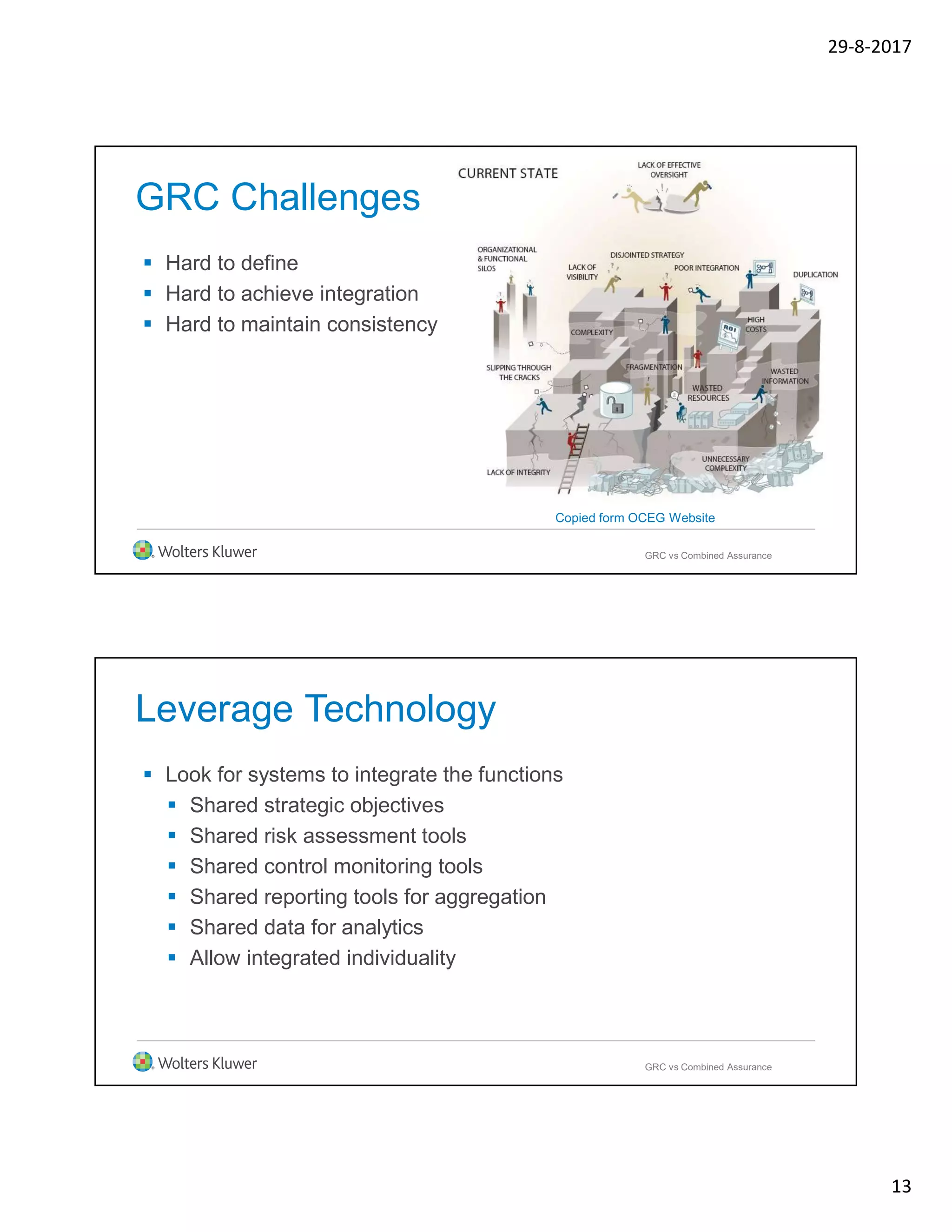 29-8-2017
13
GRC Challenges
 Hard to define
 Hard to achieve integration
 Hard to maintain consistency
GRC vs Combined Assurance
Copied form OCEG Website
Leverage Technology
 Look for systems to integrate the functions
 Shared strategic objectives
 Shared risk assessment tools
 Shared control monitoring tools
 Shared reporting tools for aggregation
 Shared data for analytics
 Allow integrated individuality
GRC vs Combined Assurance
 