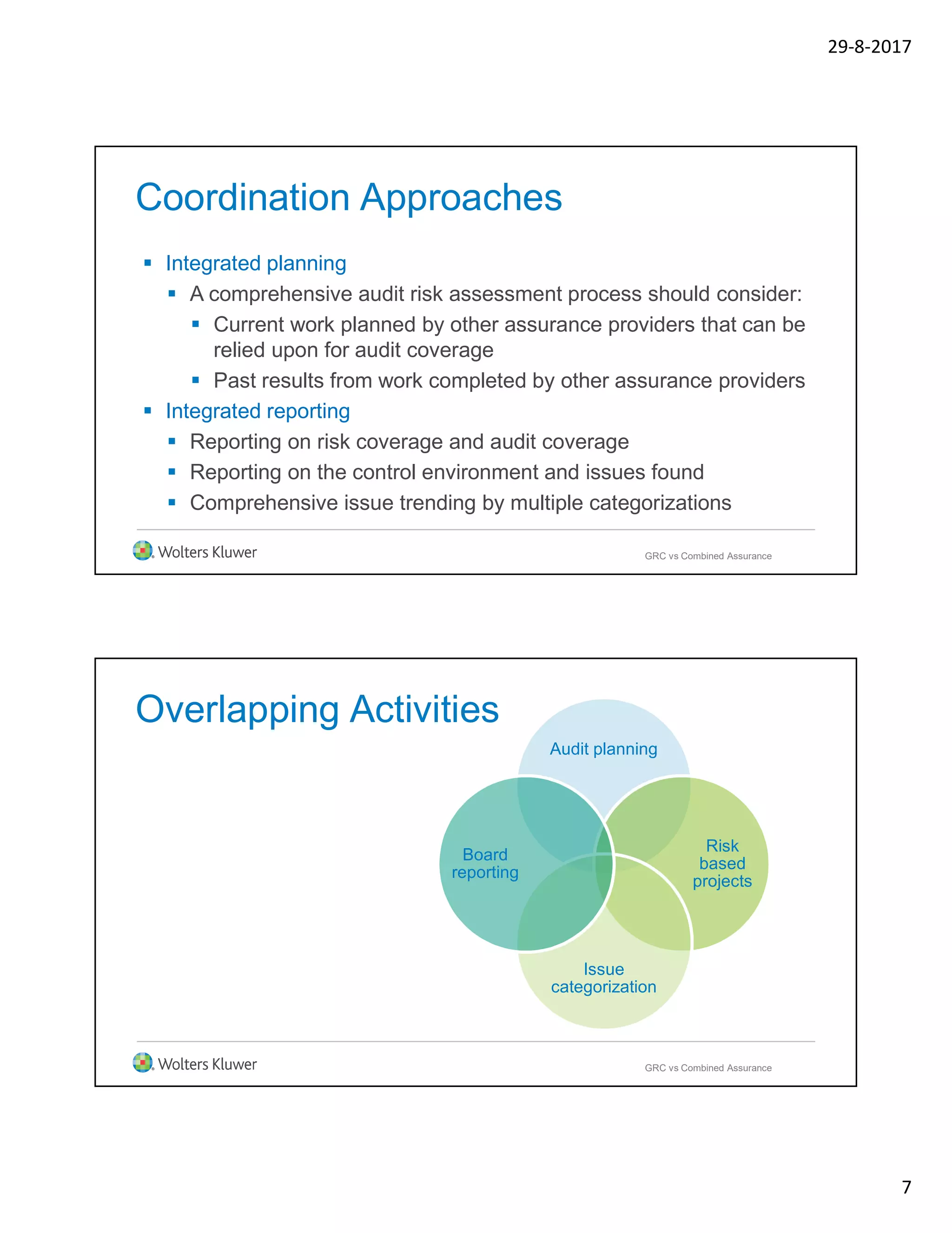 29-8-2017
7
Coordination Approaches
 Integrated planning
 A comprehensive audit risk assessment process should consider:
 Current work planned by other assurance providers that can be
relied upon for audit coverage
 Past results from work completed by other assurance providers
 Integrated reporting
 Reporting on risk coverage and audit coverage
 Reporting on the control environment and issues found
 Comprehensive issue trending by multiple categorizations
GRC vs Combined Assurance
Overlapping Activities
GRC vs Combined Assurance
Audit planning
Risk
based
projects
Issue
categorization
Board
reporting
 