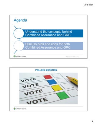 29-8-2017
4
Agenda
Understand the concepts behind
Combined Assurance and GRC
Discuss pros and cons for both
Combined Assurance and GRC
GRC vs Combined Assurance
POLLING QUESTION
 