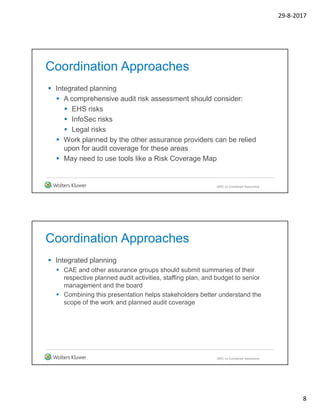 29-8-2017
8
Coordination Approaches
 Integrated planning
 A comprehensive audit risk assessment should consider:
 EHS risks
 InfoSec risks
 Legal risks
 Work planned by the other assurance providers can be relied
upon for audit coverage for these areas
 May need to use tools like a Risk Coverage Map
GRC vs Combined Assurance
Coordination Approaches
 Integrated planning
 CAE and other assurance groups should submit summaries of their
respective planned audit activities, staffing plan, and budget to senior
management and the board
 Combining this presentation helps stakeholders better understand the
scope of the work and planned audit coverage
GRC vs Combined Assurance
 