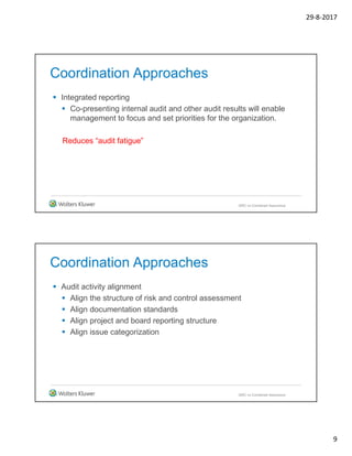 29-8-2017
9
Coordination Approaches
 Integrated reporting
 Co-presenting internal audit and other audit results will enable
management to focus and set priorities for the organization.
Reduces “audit fatigue”
GRC vs Combined Assurance
Coordination Approaches
 Audit activity alignment
 Align the structure of risk and control assessment
 Align documentation standards
 Align project and board reporting structure
 Align issue categorization
GRC vs Combined Assurance
 