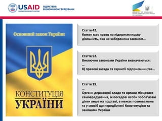 Стаття 92.
Виключно законами України визначаються:
…
8) правові засади та гарантії підприємництва…
Стаття 42.
Кожен має право на підприємницьку
діяльність, яка не заборонена законом…
Стаття 19.
…
Органи державної влади та органи місцевого
самоврядування, їх посадові особи зобов’язані
діяти лише на підставі, в межах повноважень
та у спосіб що передбачені Конституцією та
законами України
 