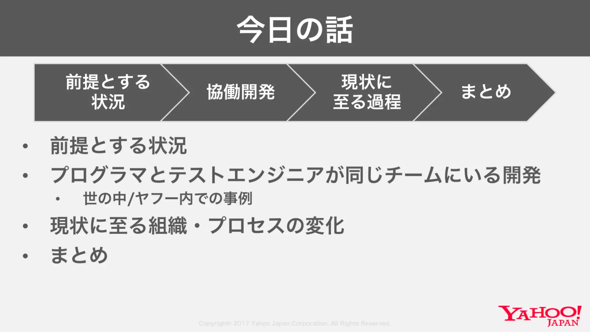 Copyright© 2017 Yahoo Japan Corporation. All Rights Reserved.
今日の話
• 前提とする状況
• プログラマとテストエンジニアが同じチームにいる開発
• 世の中/ヤフー内での事例
• 現状に至る組織・プロセスの変化
• まとめ
前提とする
状況
協働開発
現状に
至る過程
まとめ
 