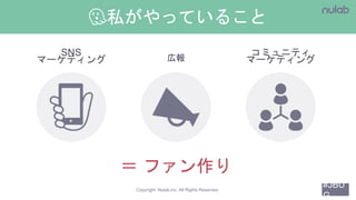 #JBU
G
Copyright Nulab,inc. All Rights Reserved.
👻私がやっていること
広報
SNS
マーケティング
コミュニティ
マーケティング
＝ ファン作り
 