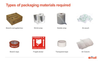 Brand’s corrugated box
Brand’s tape
Shrink wrap
Fragile sticker
Bubble wrap
Transparent tape Air Column
Air pouch
Types of packaging materials required
 
