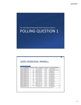 8/31/2017
6
POLLING QUESTION 1
The Truth Behind Detecting Fraud Using Data Analytics
DATA OVERVIEW: PAYROLL
 