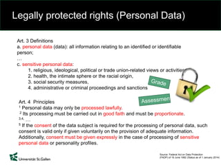 Legally protected rights (Personal Data)
Source: Federal Act on Data Protection
(FADP) of 19 June 1992 (Status as of 1 January 2014)
Art. 4 Principles
1 Personal data may only be processed lawfully.
2 Its processing must be carried out in good faith and must be proportionate.
3,4, …
5 If the consent of the data subject is required for the processing of personal data, such
consent is valid only if given voluntarily on the provision of adequate information.
Additionally, consent must be given expressly in the case of processing of sensitive
personal data or personality profiles.
Art. 3 Definitions
a. personal data (data): all information relating to an identified or identifiable
person;
…
c. sensitive personal data:
1. religious, ideological, political or trade union-related views or activities,
2. health, the intimate sphere or the racial origin,
3. social security measures,
4. administrative or criminal proceedings and sanctions
 