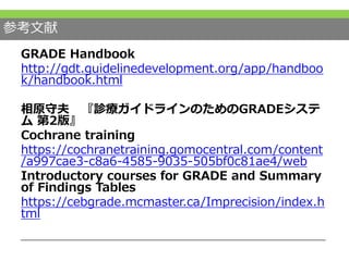 参考文献
GRADE Handbook
http://gdt.guidelinedevelopment.org/app/handboo
k/handbook.html
相原守夫 『診療ガイドラインのためのGRADEシステ
ム 第2版』
Cochrane training
https://cochranetraining.gomocentral.com/content
/a997cae3-c8a6-4585-9035-505bf0c81ae4/web
Introductory courses for GRADE and Summary
of Findings Tables
https://cebgrade.mcmaster.ca/Imprecision/index.h
tml
 