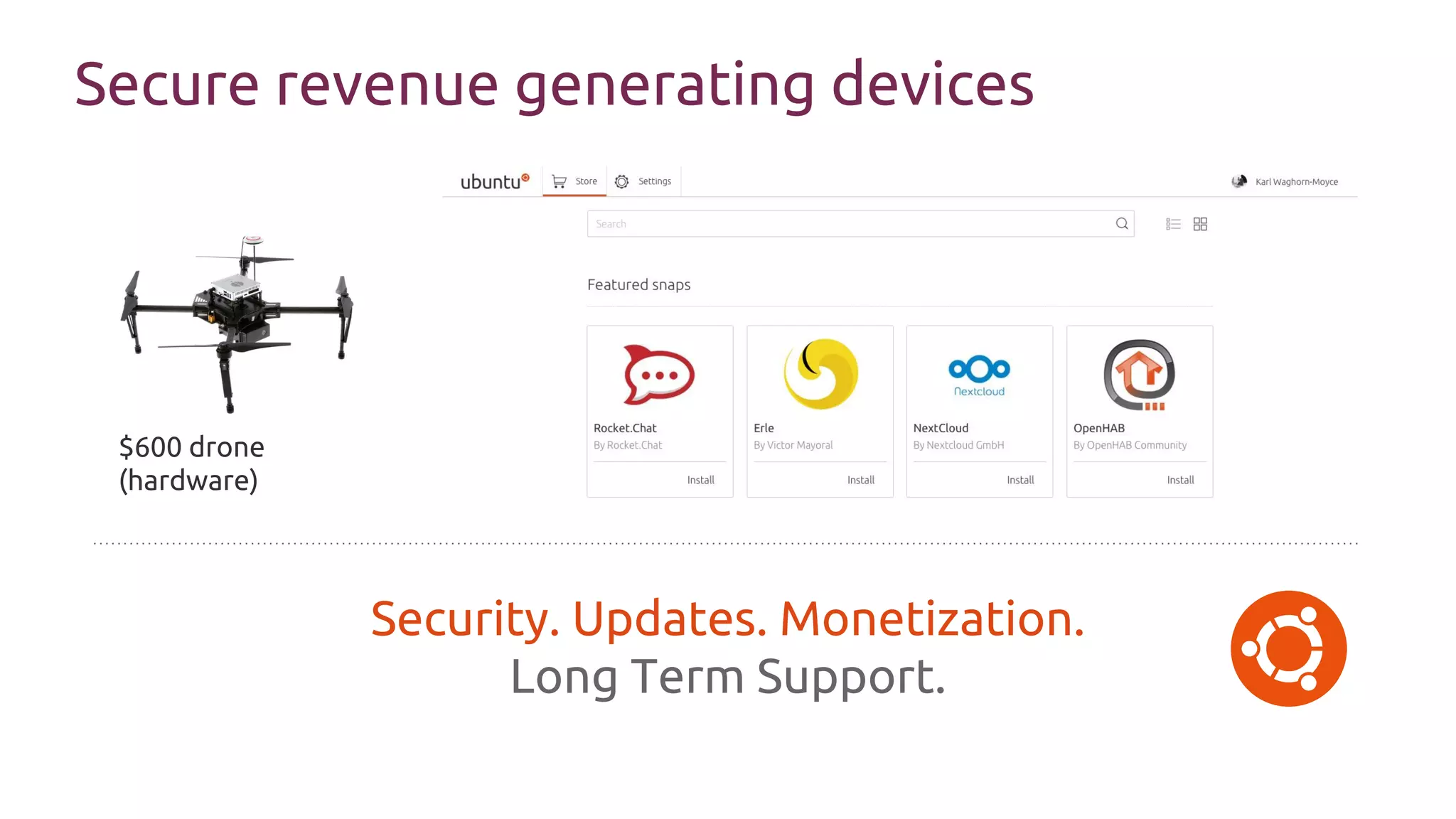 $600 drone
(hardware)
Security. Updates. Monetization.
Long Term Support.
Secure revenue generating devices
 