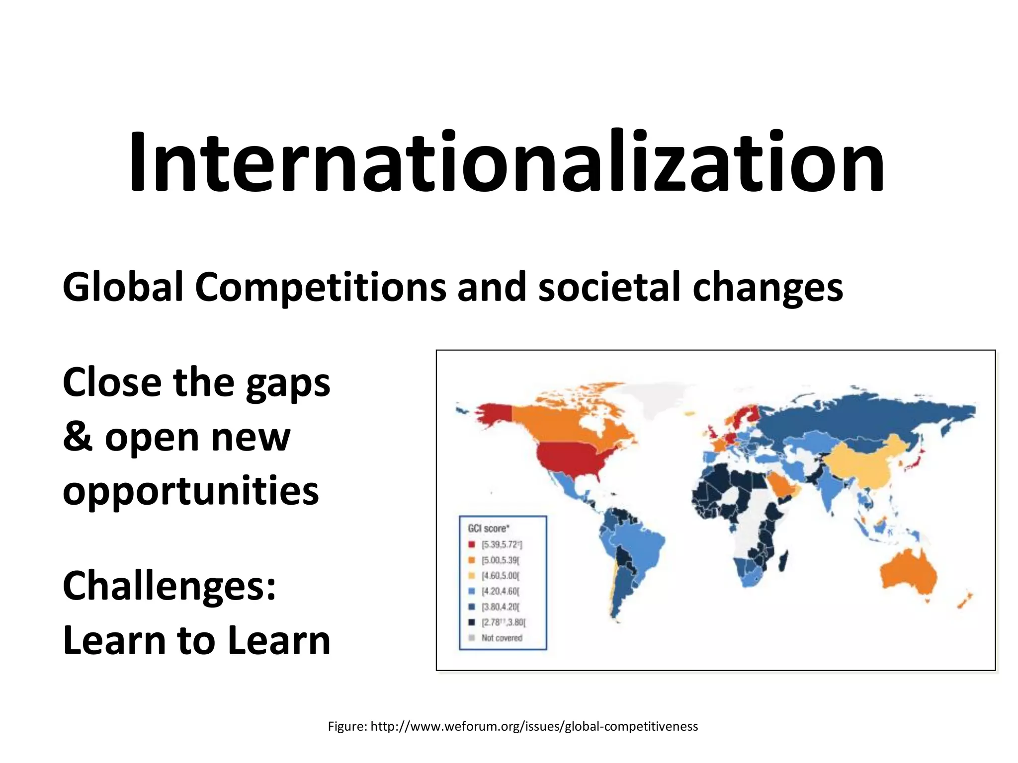 Global Competitions and societal changes
Close the gaps
& open new
opportunities
Challenges:
Learn to Learn
Internationalization
Figure: http://www.weforum.org/issues/global-competitiveness
 