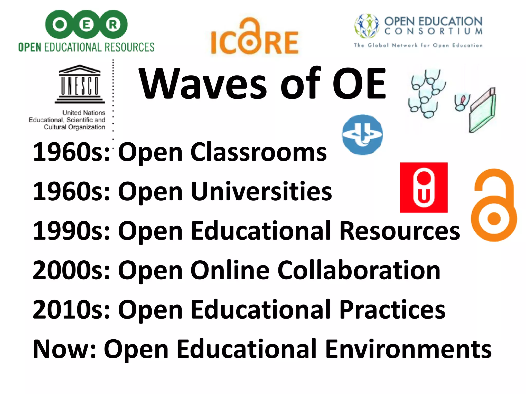 1960s: Open Classrooms
1960s: Open Universities
1990s: Open Educational Resources
2000s: Open Online Collaboration
2010s: Open Educational Practices
Now: Open Educational Environments
Waves of OE
 
