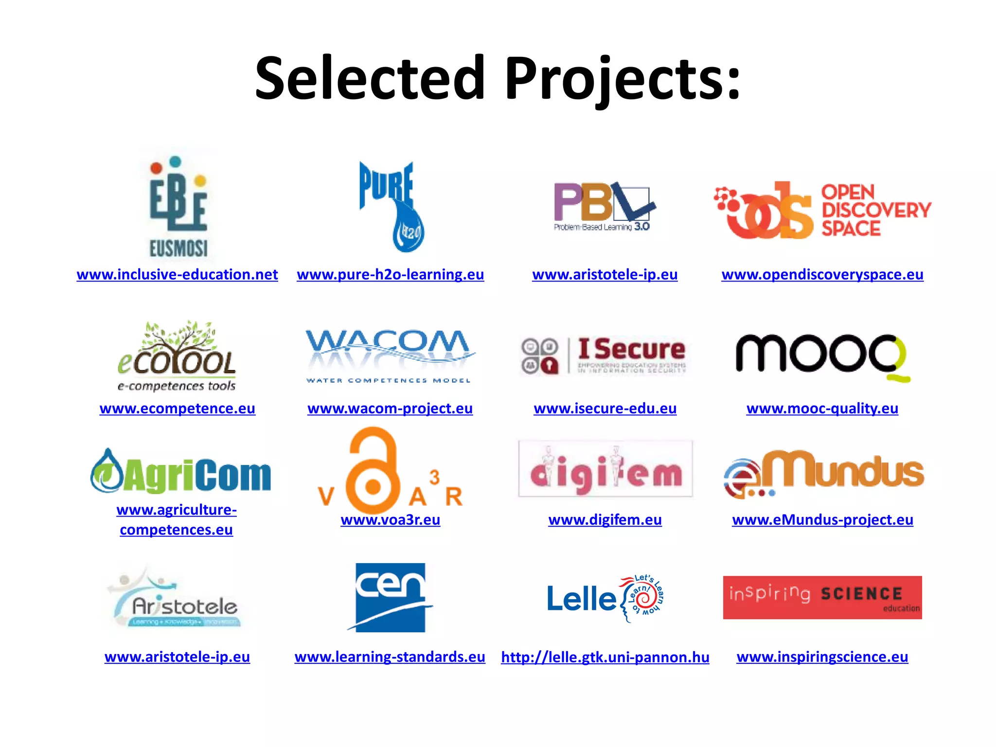 Selected Projects:
www.mooc-quality.euwww.isecure-edu.euwww.wacom-project.euwww.ecompetence.eu
www.pure-h2o-learning.eu www.aristotele-ip.eu www.opendiscoveryspace.euwww.inclusive-education.net
www.eMundus-project.euwww.digifem.euwww.voa3r.eu
www.agriculture-
competences.eu
www.inspiringscience.euhttp://lelle.gtk.uni-pannon.huwww.learning-standards.euwww.aristotele-ip.eu
 