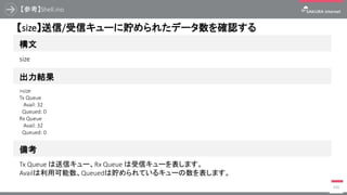 【参考】Shell.ino
390
構文
【size】送信/受信キューに貯められたデータ数を確認する
出力結果
size
>size
Tx Queue
Avail: 32
Queued: 0
Rx Queue
Avail: 32
Queued: 0
備考
Tx Queue は送信キュー、Rx Queue は受信キューを表します。
Availは利用可能数、Queuedは貯められているキューの数を表します。
 
