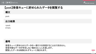 【参考】Shell.ino
394
構文
【peek】受信キューに貯められたデータを閲覧する
出力結果
peek
>peek
empty
備考
受信キューに貯められたデータの一部だけを受信することはできません。
受信可能なデータが存在しない場合はemptyを返します。
閲覧したデータは削除されずキューに残されます。
 