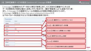 【type】：取得するRMのtype指定
【参考】連携サービスの設定（DataStore API） /messages の取得
402
［ /messages ］は蓄積されたデータをRM単位で取得します。RMに含まれる複数チャンネルの
データの関係性が重要な場合に活用しやすい形式です。（鍵の「解錠者ID」と「入退室フラグ」等）
また、 ［ /messages ］には通信モジュールの接続および切断の情報も含まれています。
［ /messages ］は該当URL（https://api.sakura.io/datastore/v1/docs/）にて
以下のパラメータを指定することで任意の情報を取得できます。
【module】：通信モジュールのモジュールID
【size】：一度に取得するデータの数
【order】：昇順（ASC）と降順（DESC）指定
【cursor】：※後述※
【after/before】：指定日時の以前と以後指定
 