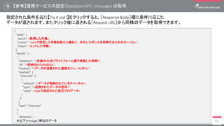 【参考】連携サービスの設定（DataStore API） /messages の取得
403
{
"meta": {
"count": <取得した件数>,
"cursor": “<sizeで指定した件数を超えた場合に、次のレスポンスを取得するためのカーソル>”,
"match": <ヒットした件数>
},
"results": [
{
“datetime”: “<対象のRMをプラットフォーム側で受信した時間>”,
"id": “<格納されたRMのID>",
"module": “<データが送信された通信モジュールのID>",
"payload": {
"channels": [
{
"channel": <データが格納されているチャンネル>,
"type": “<送信されたデータの型式>",
"value": <typeで指定された型式でのデータ>
}
］
},
"type": "channels"
},
{
“datetime”: …
＃以下[message］単位のデータ
指定された条件を元に【Try it out!】をクリックすると、［Response Body］欄に条件に応じた
データが返されます。またクリック後に返される［Request URL］から同様のデータを取得できます。
 