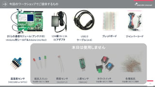 今回のワークショップでご提供するもの
19
ジャンパーコードさくらの通信モジュール（アンテナ付）
+Arduino用シールド＆Arduino Uno Rev3
USB2.0
ケーブル（A-B）
12W級 9V-1.3A
DCアダプタ
ブレッドボード
人感センサ
（SB412A）
照度センサ
（GL5537-2）
温湿度センサ
（HDC1000 or SHT31）
各種抵抗
※必要に応じてご提供
タクトスイッチ
※必要に応じてご提供
抵抗入りLED
※必要に応じてご提供
本日は使用しません
 