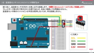 RDY/ADR
温湿度センサ（HDC1000/SHT31）の繋ぎ込み
28
図に従い、温湿度センサの向きに注意しながら配線します。（実際にはArduinoシールドに対して配線します）
ブレッドボード側は色で明示された位置であれば、自由に接続しても問題ありません。
温湿度センサ側のRDY/ADRピンは今回は使用しないため、何も配線しません。
GND
SDA
SCL
3.3V
＜凡例＞
GND
SCL
SDA
3.3V
 