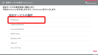 連携サービスの設定（WebSocket）
46
追加サービスの選択画面に遷移します。
今回はWebSocketを作成しますので、［WebSocket］をクリックします。
 