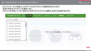 さくらのクラウド コントロールパネル ログイン
55
さくらインターネット会員としてログインするとアカウントの選択を求められます。
自身が利用するアカウントを選択します。
アカウントを作成していない場合は上記タブからアカウントを選択し作成する必要があります。
 