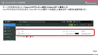 Node-REDサーバの作成
70
サーバが作成されました。【 http://<IPアドレス>:<指定したWeb UIポート番号>/ 】に
Webブラウザよりアクセスします。WebUIポートに80番ポートを指定した場合はポート番号を省略可能です。
 