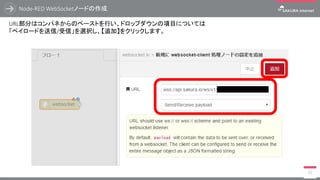 Node-RED WebSocketノードの作成
75
URL部分はコンパネからのペーストを行い、ドロップダウンの項目については
「ペイロードを送信/受信」を選択し、【追加】をクリックします。
 