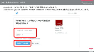 連携先のTwitter IDの設定
90
TwitterのIDとパスワードを入力し、「連携アプリを認証」をクリックします。
「Authorised - you can close this window and return to Node-RED」が表示されたら認証に成功しています。
 