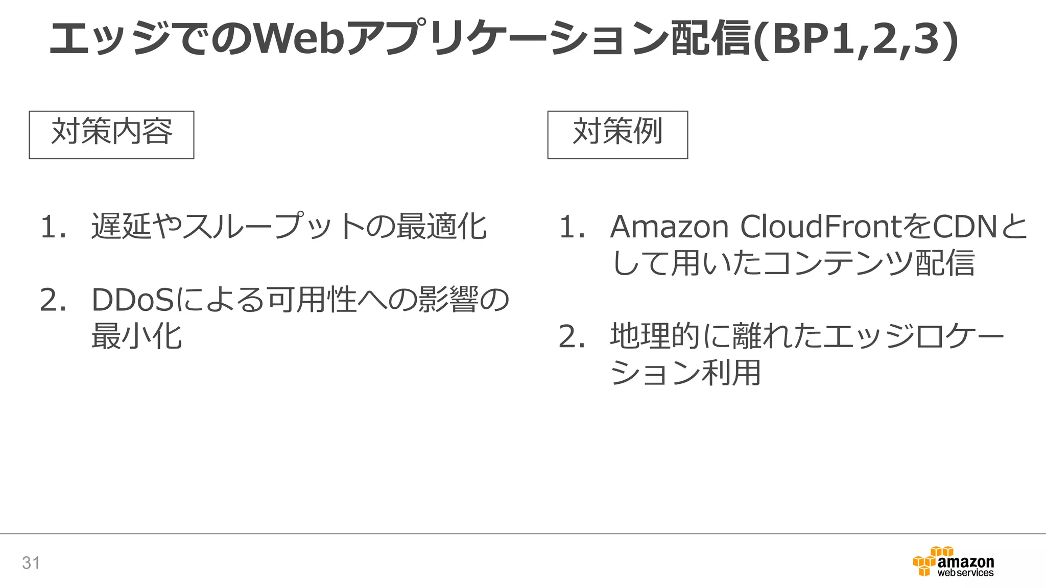 エッジでのWebアプリケーション配信(BP1,2,3)
31
対策内容 対策例
1. 遅延やスループットの最適化
2. DDoSによる可用性への影響の
最小化
1. Amazon CloudFrontをCDNと
して用いたコンテンツ配信
2. 地理的に離れたエッジロケー
ション利用
 