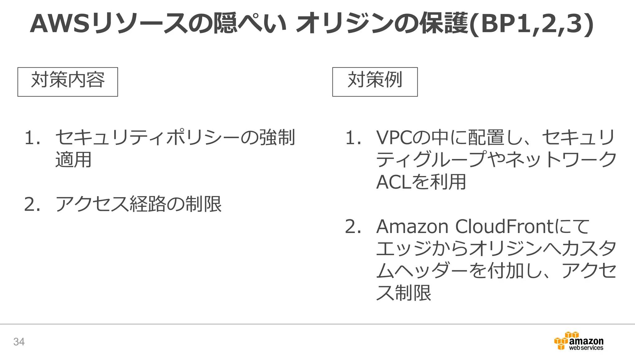 AWSリソースの隠ぺい オリジンの保護(BP1,2,3)
34
1. セキュリティポリシーの強制
適用
2. アクセス経路の制限
1. VPCの中に配置し、セキュリ
ティグループやネットワーク
ACLを利用
2. Amazon CloudFrontにて
エッジからオリジンへカスタ
ムヘッダーを付加し、アクセ
ス制限
対策内容 対策例
 