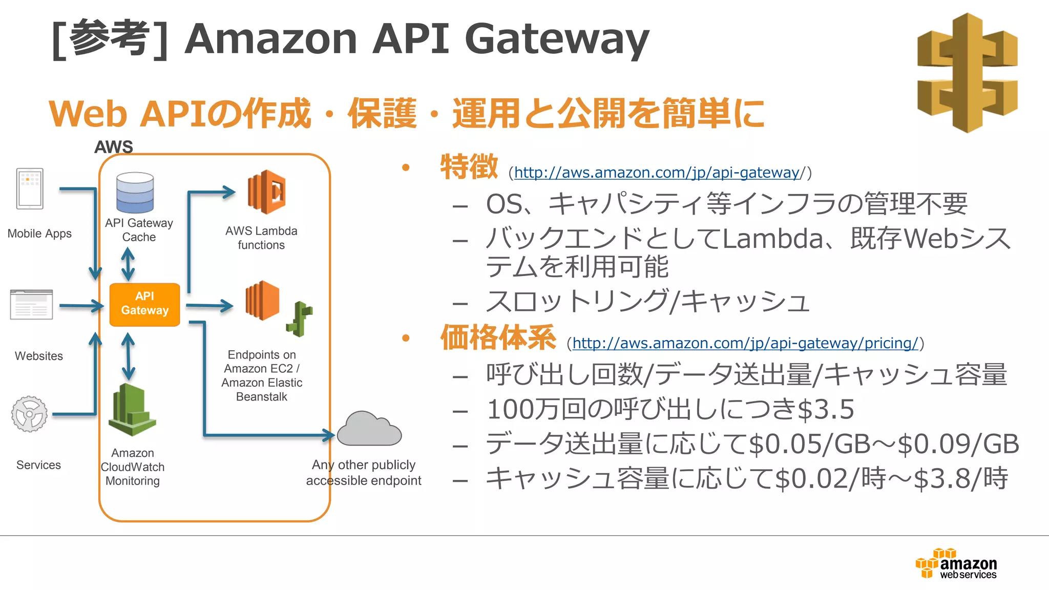 [参考] Amazon API Gateway
• 特徴 (http://aws.amazon.com/jp/api-gateway/)
– OS、キャパシティ等インフラの管理不要
– バックエンドとしてLambda、既存Webシス
テムを利用可能
– スロットリング/キャッシュ
• 価格体系 (http://aws.amazon.com/jp/api-gateway/pricing/)
– 呼び出し回数/データ送出量/キャッシュ容量
– 100万回の呼び出しにつき$3.5
– データ送出量に応じて$0.05/GB～$0.09/GB
– キャッシュ容量に応じて$0.02/時～$3.8/時
Web APIの作成・保護・運用と公開を簡単に
Mobile Apps
Websites
Services
API
Gateway
AWS Lambda
functions
AWS
API Gateway
Cache
Endpoints on
Amazon EC2 /
Amazon Elastic
Beanstalk
Any other publicly
accessible endpoint
Amazon
CloudWatch
Monitoring
 