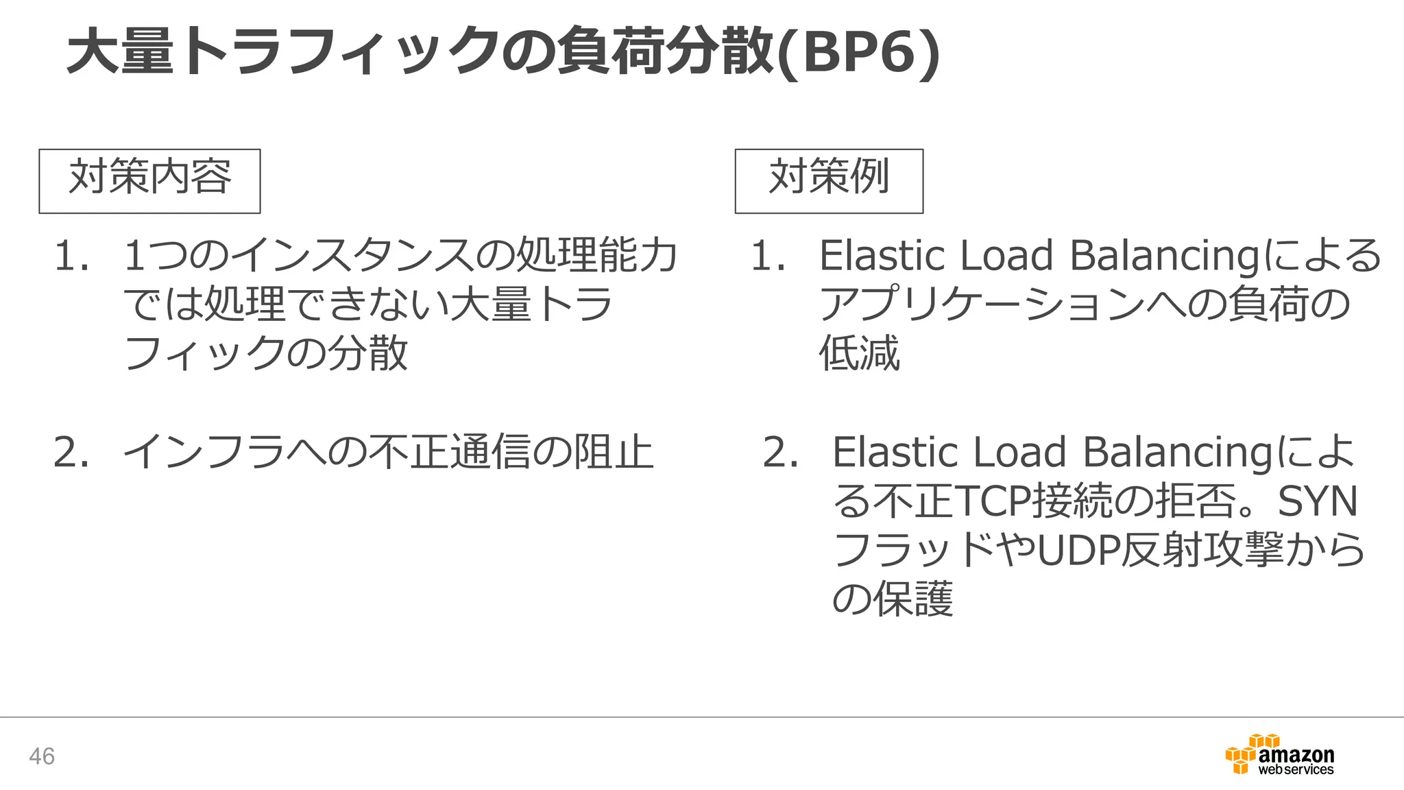 大量トラフィックの負荷分散(BP6)
46
1. 1つのインスタンスの処理能力
では処理できない大量トラ
フィックの分散
2. インフラへの不正通信の阻止
1. Elastic Load Balancingによる
アプリケーションへの負荷の
低減
2. Elastic Load Balancingによ
る不正TCP接続の拒否。SYN
フラッドやUDP反射攻撃から
の保護
対策内容 対策例
 
