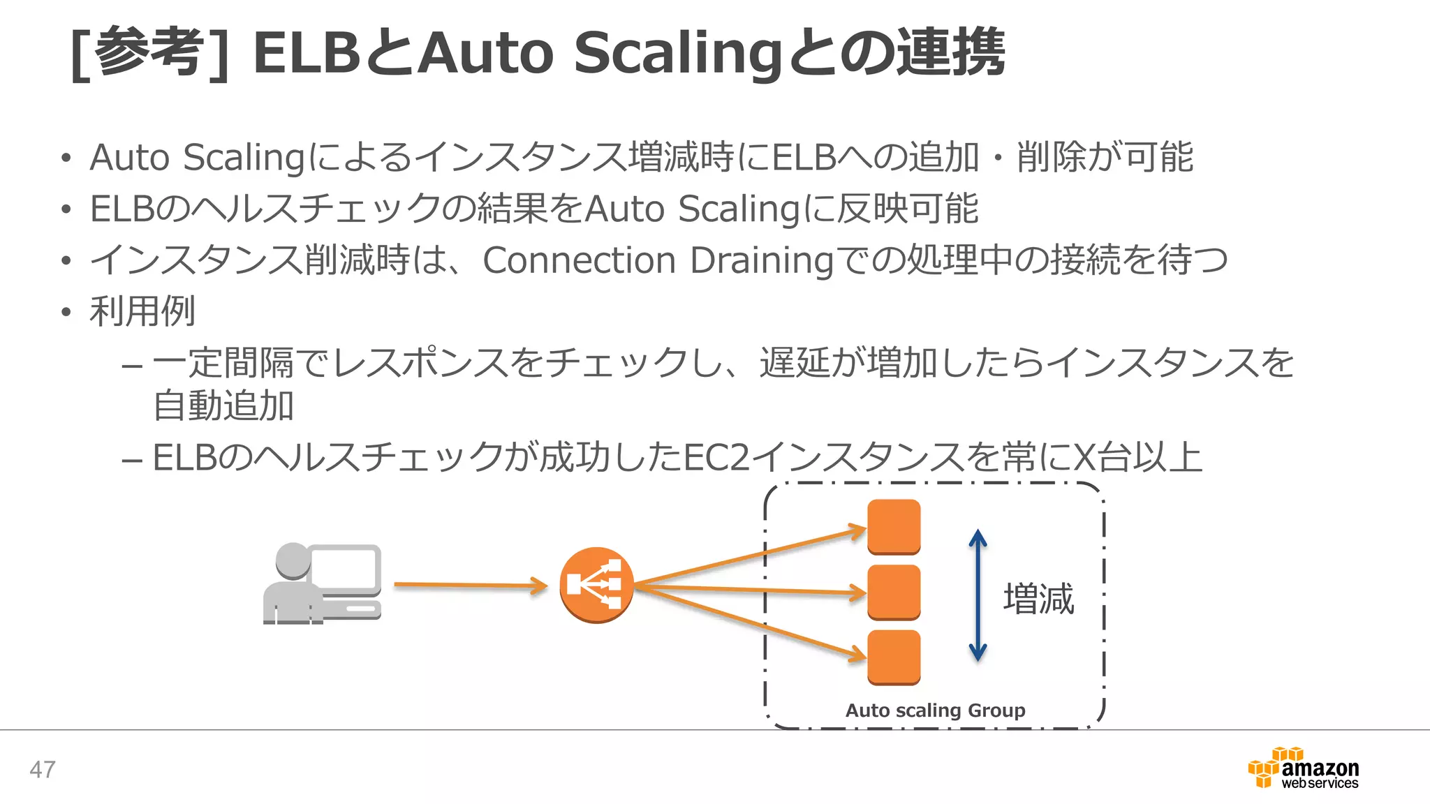 [参考] ELBとAuto Scalingとの連携
Auto scaling Group
増減
• Auto Scalingによるインスタンス増減時にELBへの追加・削除が可能
• ELBのヘルスチェックの結果をAuto Scalingに反映可能
• インスタンス削減時は、Connection Drainingでの処理中の接続を待つ
• 利用例
– 一定間隔でレスポンスをチェックし、遅延が増加したらインスタンスを
自動追加
– ELBのヘルスチェックが成功したEC2インスタンスを常にX台以上
47
 