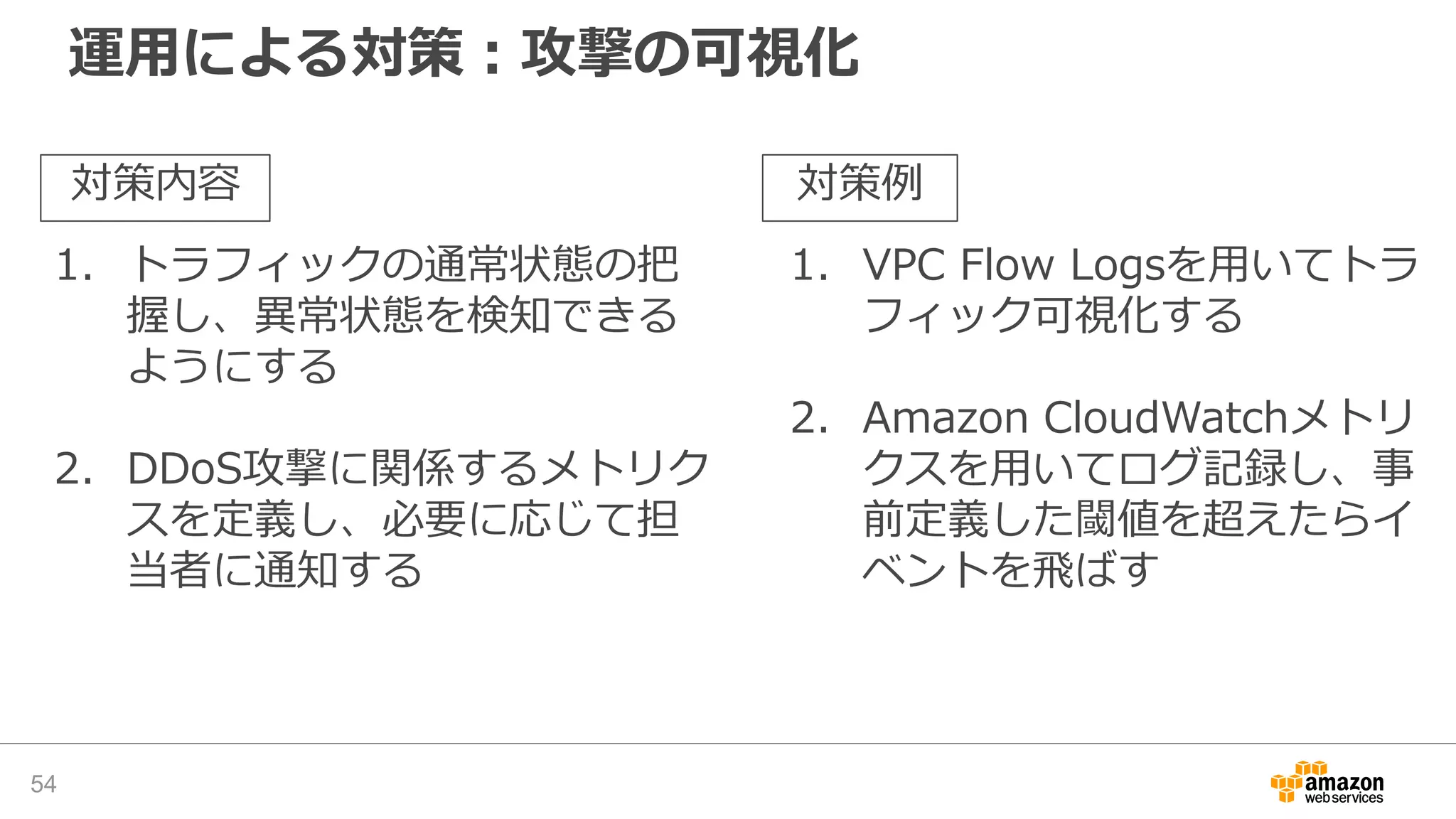 運用による対策：攻撃の可視化
54
1. トラフィックの通常状態の把
握し、異常状態を検知できる
ようにする
2. DDoS攻撃に関係するメトリク
スを定義し、必要に応じて担
当者に通知する
1. VPC Flow Logsを用いてトラ
フィック可視化する
2. Amazon CloudWatchメトリ
クスを用いてログ記録し、事
前定義した閾値を超えたらイ
ベントを飛ばす
対策内容 対策例
 