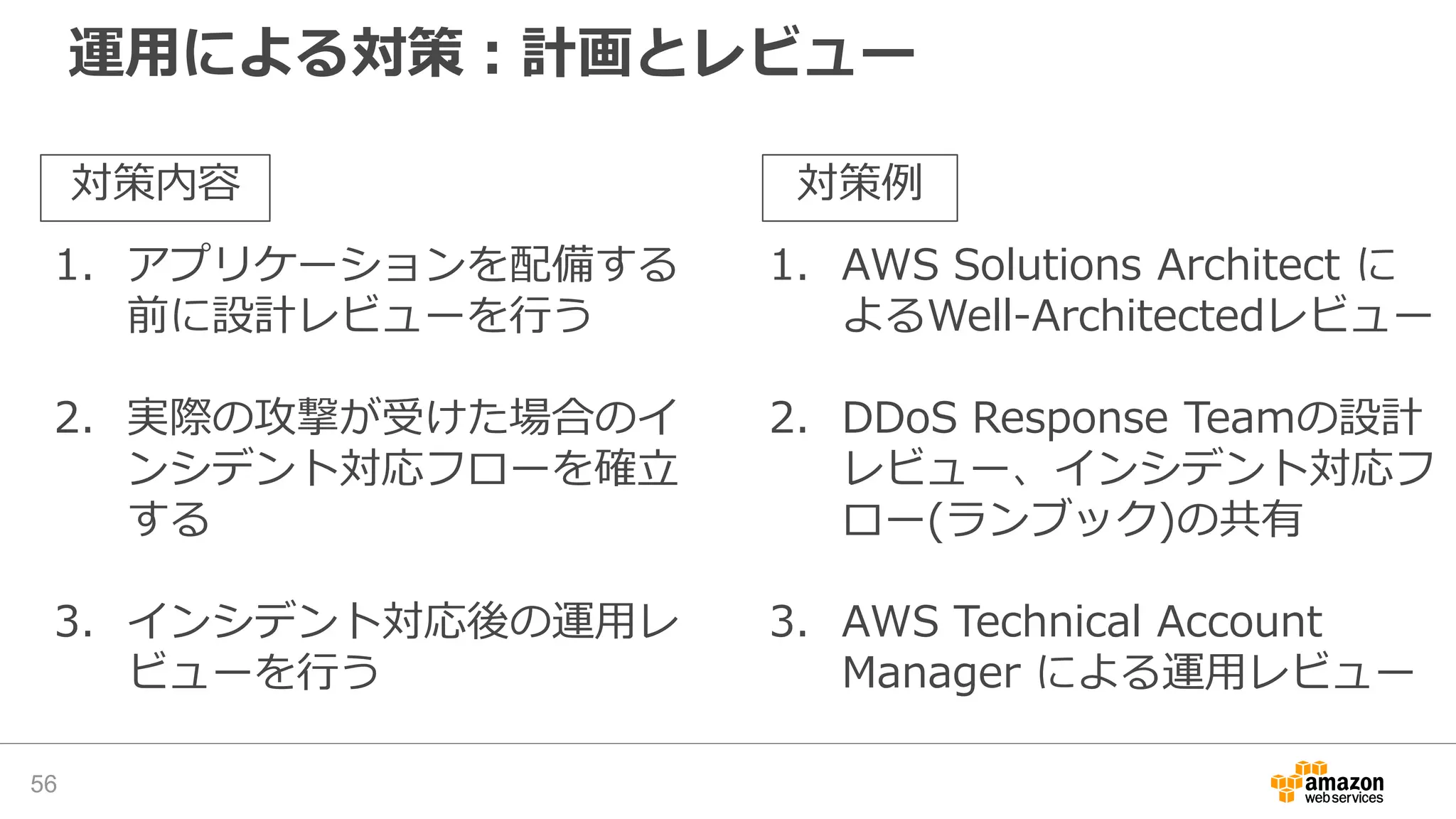 運用による対策：計画とレビュー
56
1. アプリケーションを配備する
前に設計レビューを行う
2. 実際の攻撃が受けた場合のイ
ンシデント対応フローを確立
する
3. インシデント対応後の運用レ
ビューを行う
1. AWS Solutions Architect に
よるWell-Architectedレビュー
2. DDoS Response Teamの設計
レビュー、インシデント対応フ
ロー(ランブック)の共有
3. AWS Technical Account
Manager による運用レビュー
対策内容 対策例
 