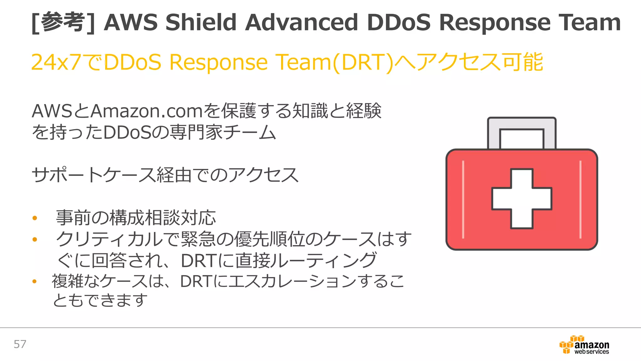 [参考] AWS Shield Advanced DDoS Response Team
24x7でDDoS Response Team(DRT)へアクセス可能
57
AWSとAmazon.comを保護する知識と経験
を持ったDDoSの専門家チーム
サポートケース経由でのアクセス
• 事前の構成相談対応
• クリティカルで緊急の優先順位のケースはす
ぐに回答され、DRTに直接ルーティング
• 複雑なケースは、DRTにエスカレーションするこ
ともできます
 