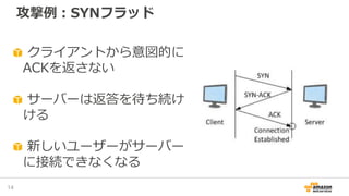 攻撃例：SYNフラッド
14
クライアントから意図的に
ACKを返さない
サーバーは返答を待ち続け
ける
新しいユーザーがサーバー
に接続できなくなる
 