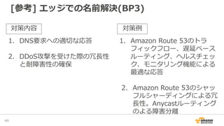 [参考] エッジでの名前解決(BP3)
44
1. DNS要求への適切な応答
2. DDoS攻撃を受けた際の冗長性
と耐障害性の確保
1. Amazon Route 53のトラ
フィックフロー、遅延ベース
ルーティング、ヘルスチェッ
ク、モニタリング機能による
最適な応答
2. Amazon Route 53のシャッ
フルシャーディングによる冗
長性。Anycastルーティング
のよる障害分離
対策内容 対策例
 