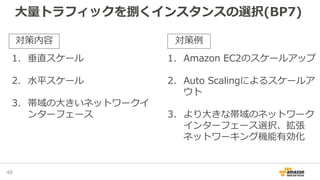 大量トラフィックを捌くインスタンスの選択(BP7)
48
1. 垂直スケール
2. 水平スケール
3. 帯域の大きいネットワークイ
ンターフェース
1. Amazon EC2のスケールアップ
2. Auto Scalingによるスケールア
ウト
3. より大きな帯域のネットワーク
インターフェース選択、拡張
ネットワーキング機能有効化
対策内容 対策例
 