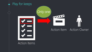Play for keeps
Action Items
Action Item Action Owner
Only one
 