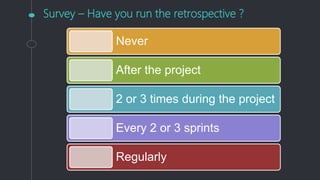Survey – Have you run the retrospective ?
Never
After the project
2 or 3 times during the project
Every 2 or 3 sprints
Regularly
 