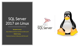 SQL Server
2017 on Linux
Benjamin Leroux
Data Platform Solution Architect @ Microsoft
Robert Luong
Technical Solution Professional @ Microsoft
 