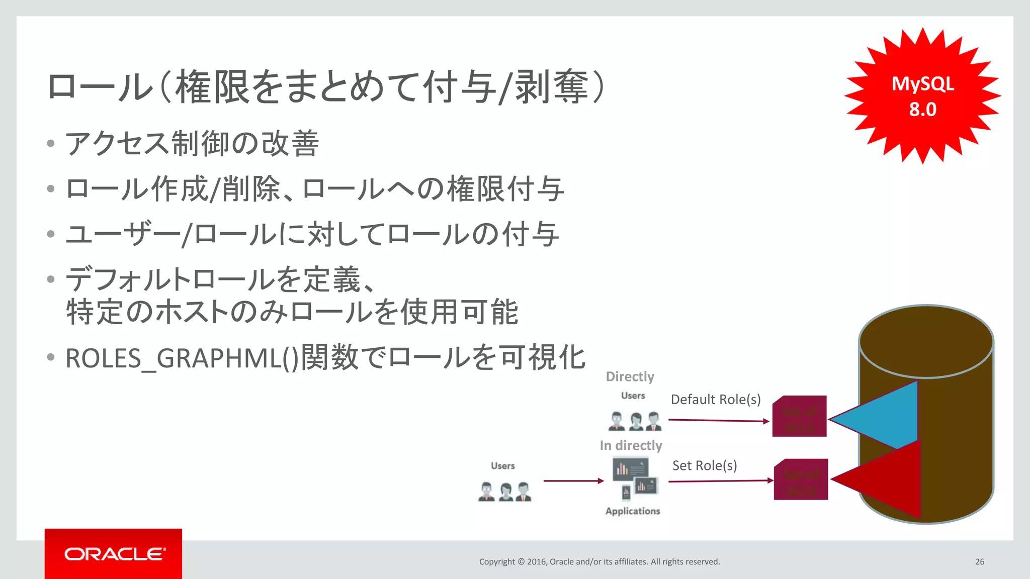 Copyright © 2016, Oracle and/or its affiliates. All rights reserved.
ロール（権限をまとめて付与/剥奪）
• アクセス制御の改善
• ロール作成/削除、ロールへの権限付与
• ユーザー/ロールに対してロールの付与
• デフォルトロールを定義、
特定のホストのみロールを使用可能
• ROLES_GRAPHML()関数でロールを可視化
26
Directly
In directly
Set Role(s)
Default Role(s)
Set of
ACLS
Set of
ACLS
MySQL
8.0
 