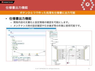 仕様書出力機能
ボタンひとつで作った処理を仕様書に出力可能
•  仕様書出力機能
–  開発内容の文書化と設定情報の確認を可能にします。
–  メンテナンス時の設定確認や引き継ぎ等の作業に使用可能です。
© 2017 APPRESSO K.K. All Rights Reserved. 18
 