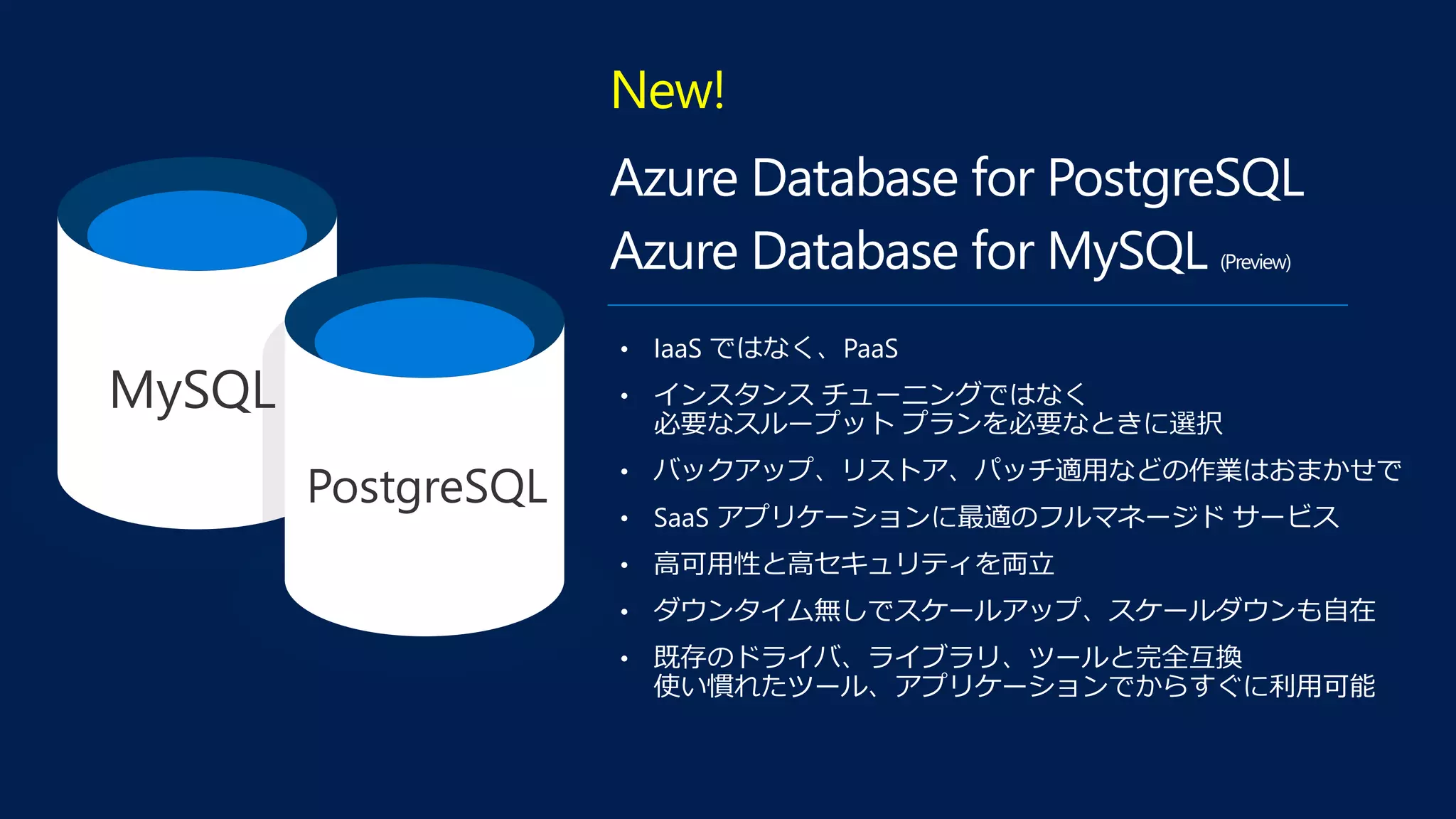 Azure Database for PostgreSQL
Azure Database for MySQL (Preview)
• IaaS ではなく、PaaS
• インスタンス チューニングではなく
必要なスループット プランを必要なときに選択
• バックアップ、リストア、パッチ適用などの作業はおまかせで
• SaaS アプリケーションに最適のフルマネージド サービス
• 高可用性と高セキュリティを両立
• ダウンタイム無しでスケールアップ、スケールダウンも自在
• 既存のドライバ、ライブラリ、ツールと完全互換
使い慣れたツール、アプリケーションでからすぐに利用可能
MySQL
PostgreSQL
New!
 