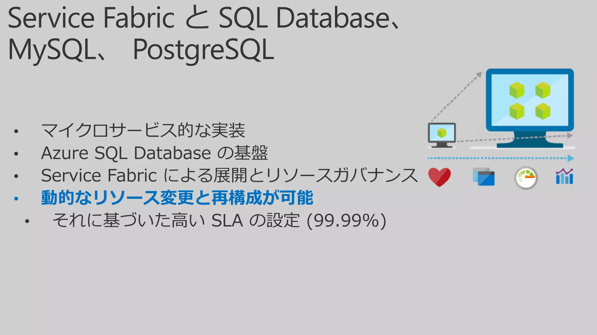 • マイクロサービス的な実装
• Azure SQL Database の基盤
• Service Fabric による展開とリソースガバナンス
• 動的なリソース変更と再構成が可能
• それに基づいた高い SLA の設定 (99.99%)
 
