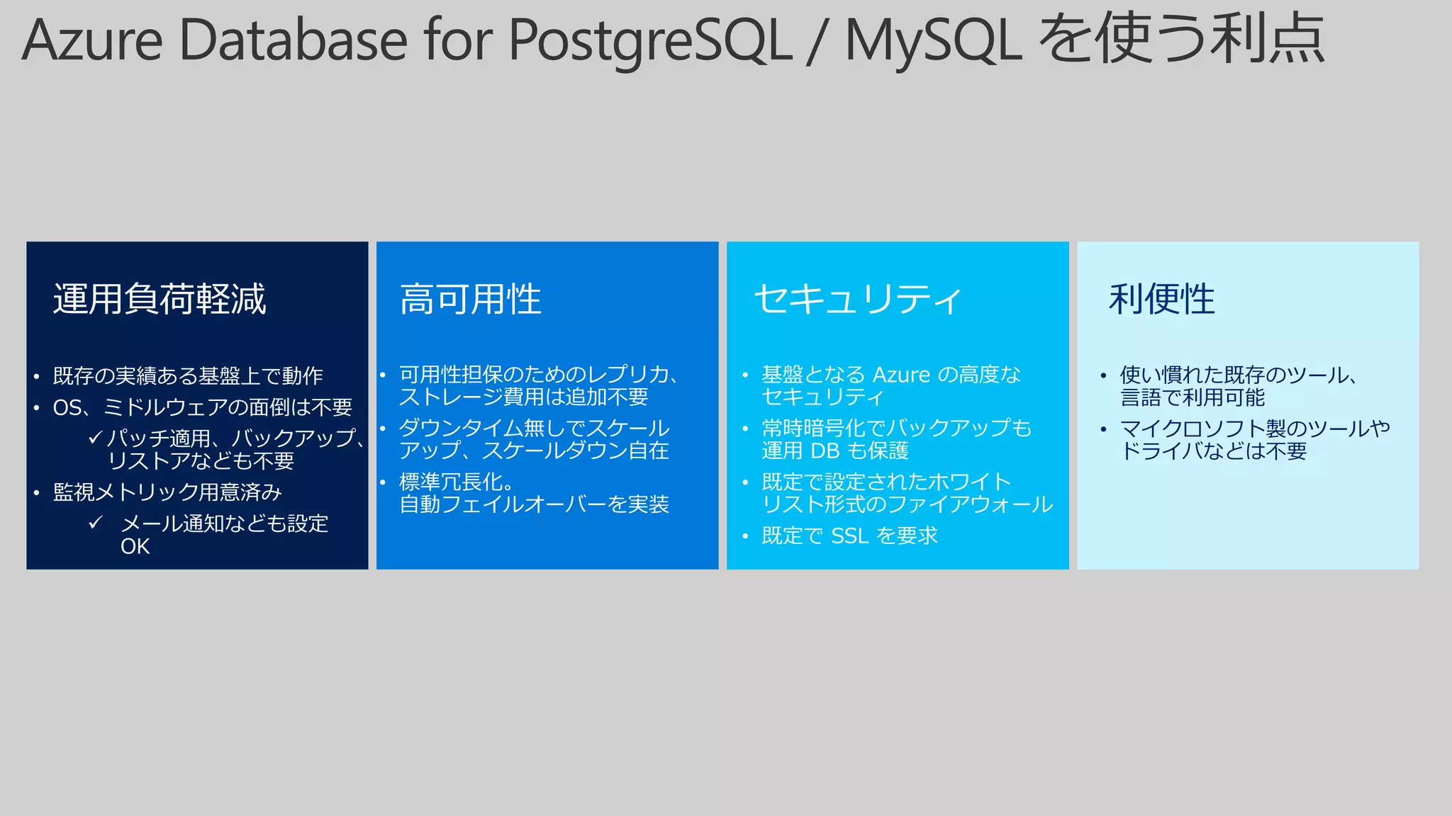 運用負荷軽減 高可用性 セキュリティ 利便性
• 既存の実績ある基盤上で動作
• OS、ミドルウェアの面倒は不要
✓ パッチ適用、バックアップ、
リストアなども不要
• 監視メトリック用意済み
✓ メール通知なども設定
OK
• 可用性担保のためのレプリカ、
ストレージ費用は追加不要
• ダウンタイム無しでスケール
アップ、スケールダウン自在
• 標準冗長化。
自動フェイルオーバーを実装
• 基盤となる Azure の高度な
セキュリティ
• 常時暗号化でバックアップも
運用 DB も保護
• 既定で設定されたホワイト
リスト形式のファイアウォール
• 既定で SSL を要求
• 使い慣れた既存のツール、
言語で利用可能
• マイクロソフト製のツールや
ドライバなどは不要
 
