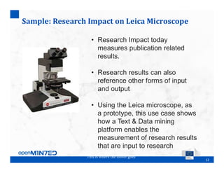 12
This is where the footer goes
Sample: Research Impact on Leica Microscope
• Research Impact today
measures publication related
results.
• Research results can also
reference other forms of input
and output
• Using the Leica microscope, as
a prototype, this use case shows
how a Text & Data mining
platform enables the
measurement of research results
that are input to research
 